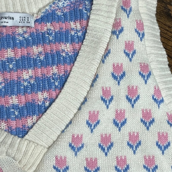 Stradivarius Tulip Sweater Vest Made in Spain Sz Small Cotton CottageCore - Picture 3 of 7